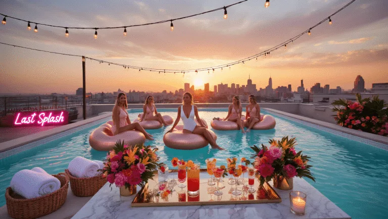 Bachelorette Pool Party: The Ultimate Content Creation Guide Cinematic wide-angle shot of a luxurious rooftop infinity pool at sunset, featuring a bride in a white swimsuit and her bridesmaids on rose gold inflatable swans, with a marble bar cart of colorful cocktails, downtown skyline, string lights, and tropical decorations.