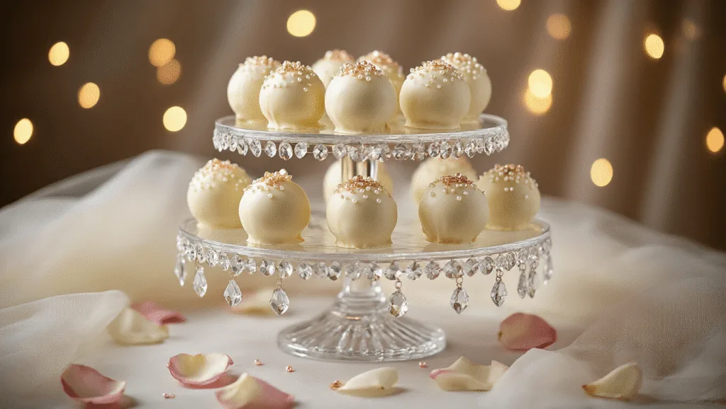 WEDDING CAKE POPS: THE ULTIMATE GOURMET PARTY FAVOR Photorealistic wedding cake pops on a crystal display stand, adorned with pearl shimmer dust and rose gold accents, arranged in a spiral pattern with warm fairy lights creating bokeh in the background, surrounded by rose petals and ivory tulle.
