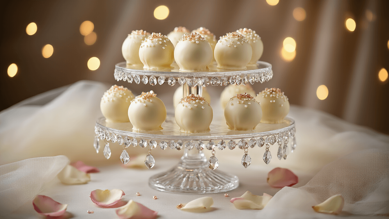 Photorealistic wedding cake pops on a crystal display stand, adorned with pearl shimmer dust and rose gold accents, arranged in a spiral pattern with warm fairy lights creating bokeh in the background, surrounded by rose petals and ivory tulle.