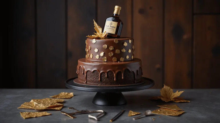 Ultimate Men's Birthday Cake: A Showstopping Celebration Centerpiece Photorealistic three-tiered chocolate birthday cake with whiskey theme, featuring gold leaf accents, handmade fondant whiskey bottle, geometric patterns, and chocolate drip on a matte black stand, set against a dark wood and leather backdrop.