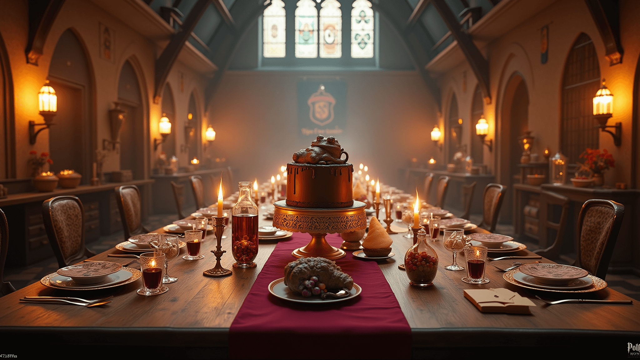 Hyperrealistic photograph of a magical birthday party in a Great Hall setting, featuring long wooden tables with burgundy and gold decorations, floating candles, house banners, ornate dinnerware, enchanting centerpieces, and a grand chocolate frog cake, all illuminated by warm lighting and atmospheric fog.