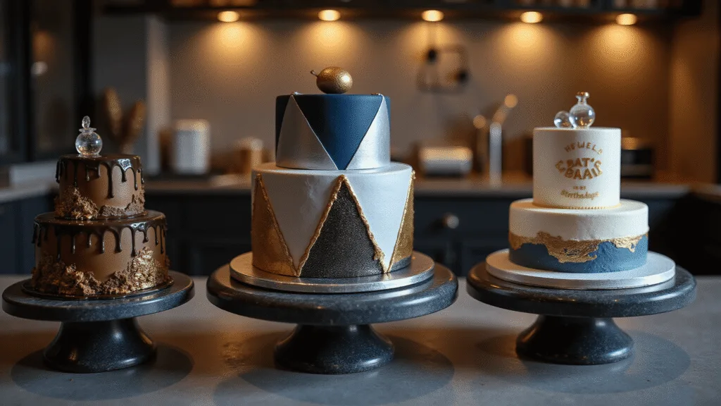 Birthday Cake Ideas for Men: The Ultimate Guide to Creating Memorable Masculine Celebrations Photorealistic display of three men's birthday cakes on black marble pedestals: a three-tiered whiskey chocolate cake with dark ganache and gold leaf, a geometric modern cake in navy and silver, and a hobby-themed fishing cake with a mirror glaze water effect. Background features professional baking equipment with warm golden hour lighting.