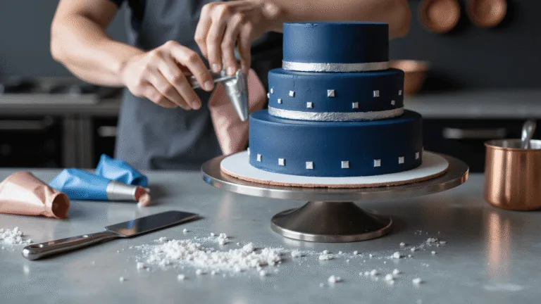 Ultimate Birthday Cake for Him: A Showstopping Celebration Masterpiece Photorealistic image of a luxurious three-tiered navy blue birthday cake being decorated in a professional kitchen, showcasing precision baking tools and decorative details.