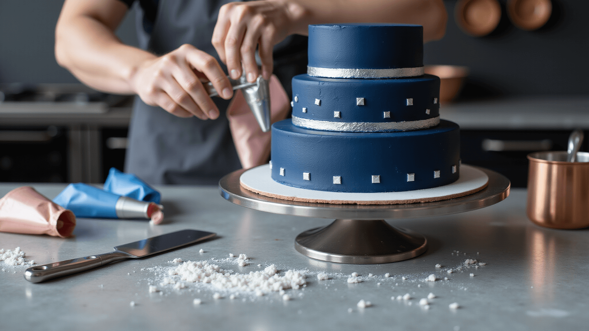 Photorealistic image of a luxurious three-tiered navy blue birthday cake being decorated in a professional kitchen, showcasing precision baking tools and decorative details.