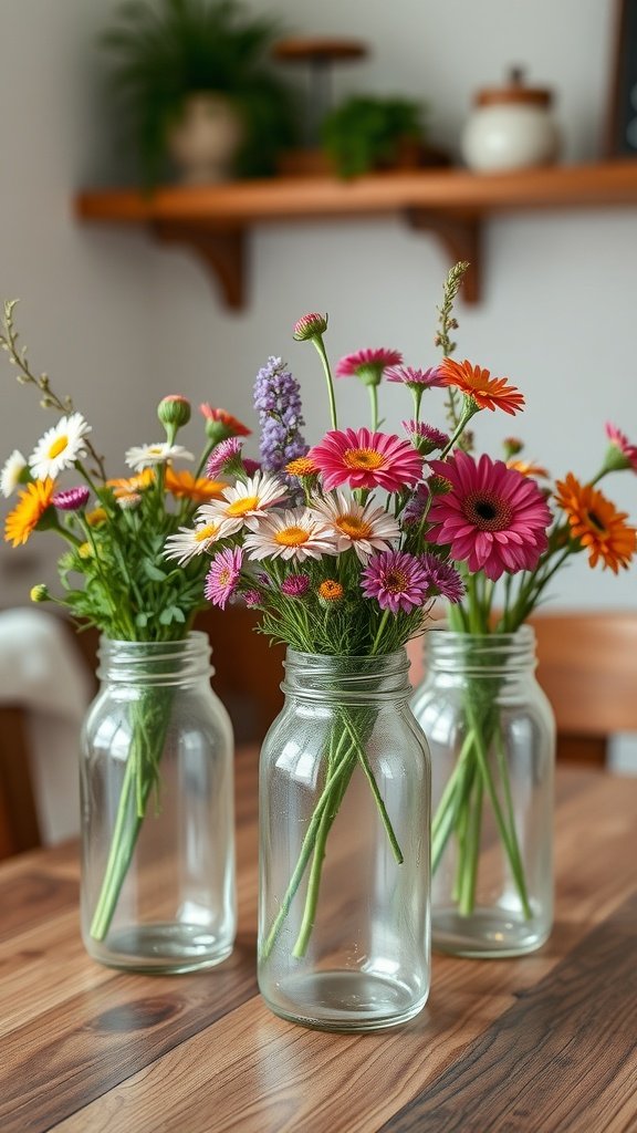 35 Beautiful Farmhouse Kitchen Table Setting Ideas Three mason jars filled with colorful flowers on a wooden table
