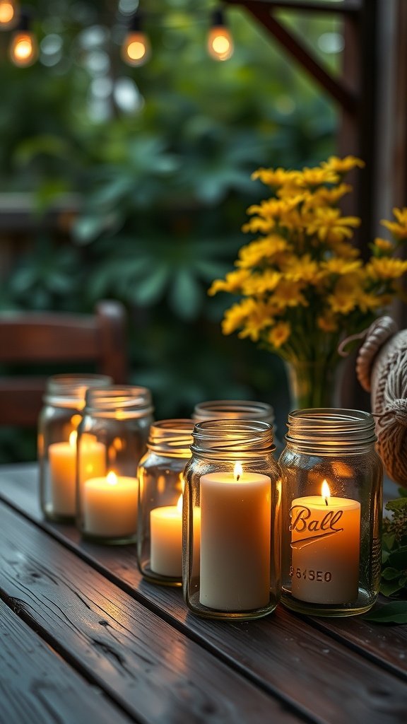 35 Stunning Garden Party Decorations to Inspire Your Celebration Mason jars with candles on a wooden table, surrounded by yellow flowers and outdoor lighting.
