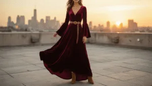 Medieval Fashion: How to Rock a Middle Ages Look in 2024 A model in a burgundy velvet maxi dress with bell sleeves stands on a rooftop at golden hour, showcasing a flowing dress cinched with a leather belt, delicate gold jewelry, and suede ankle boots, framed by a blurred city skyline in warm sunset light.