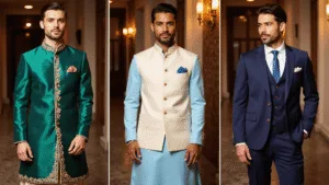 10 Stunning Engagement Dress Ideas for the Modern Groom A luxurious fashion editorial featuring an emerald green sherwani with gold embroidery, a powder blue kurta with a cream Nehru jacket, and a navy three-piece suit, displayed in an elegant setting with warm lighting and marble columns, showcasing traditional and contemporary menswear styling elements.