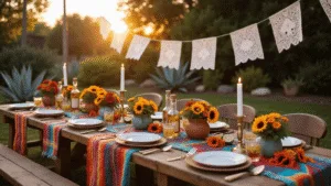 Hosting the Ultimate Mexican Fiesta: A Complete Guide to Decor, Food, and Fun Cinematic outdoor garden party scene at sunset, featuring a long wooden table adorned with a vibrant serape runner, mismatched ceramic plates, terracotta vases of marigolds and sunflowers, and fluttering papel picado banners, all softly illuminated by warm string lights.