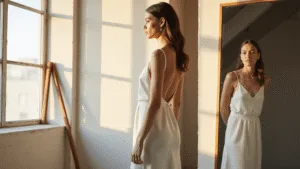 Simple Engagement Dresses: Your Guide to Effortless Elegance in 2024 A bride-to-be in a minimalist white satin slip dress stands before a full-length mirror in a sunlit modern loft, showcasing the dress's elegant silhouette and sheen in warm golden hour light.