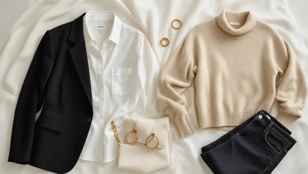 How to Create Show-Stopping Outfits Without Breaking the Bank A curated minimalist wardrobe featuring a black blazer, white button-down, beige sweater, and dark wash jeans, artfully arranged on a white backdrop with soft natural light highlighting the textures and gold accessories.