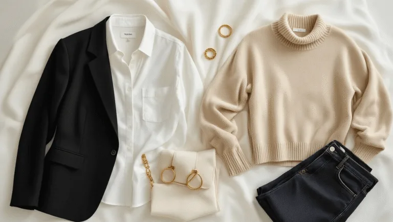 How to Create Show-Stopping Outfits Without Breaking the Bank A curated minimalist wardrobe featuring a black blazer, white button-down, beige sweater, and dark wash jeans, artfully arranged on a white backdrop with soft natural light highlighting the textures and gold accessories.