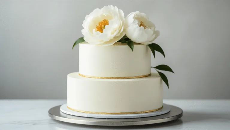 MINIMALIST WEDDING CAKE: ELEGANT SIMPLICITY FOR YOUR SPECIAL DAY Photorealistic minimalist three-tiered wedding cake on metal stand, featuring smooth white buttercream, a cascading white peony, delicate gold leaf, and a light grey backdrop, captured in professional studio lighting with dramatic side emphasis on clean lines, in ultra-high resolution.