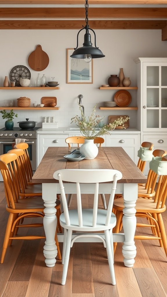 35 Beautiful Farmhouse Kitchen Table Setting Ideas A farmhouse kitchen table with a mix of chair styles, featuring a white chair and orange wooden chairs around a rustic wooden table.