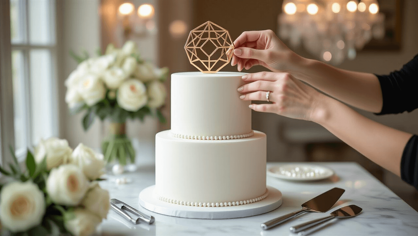 Close-up of hands placing a geometric rose gold cake topper on a three-tiered white wedding cake, with marble countertop and professional styling tools, in a warm, romantic luxury bakery setting.
