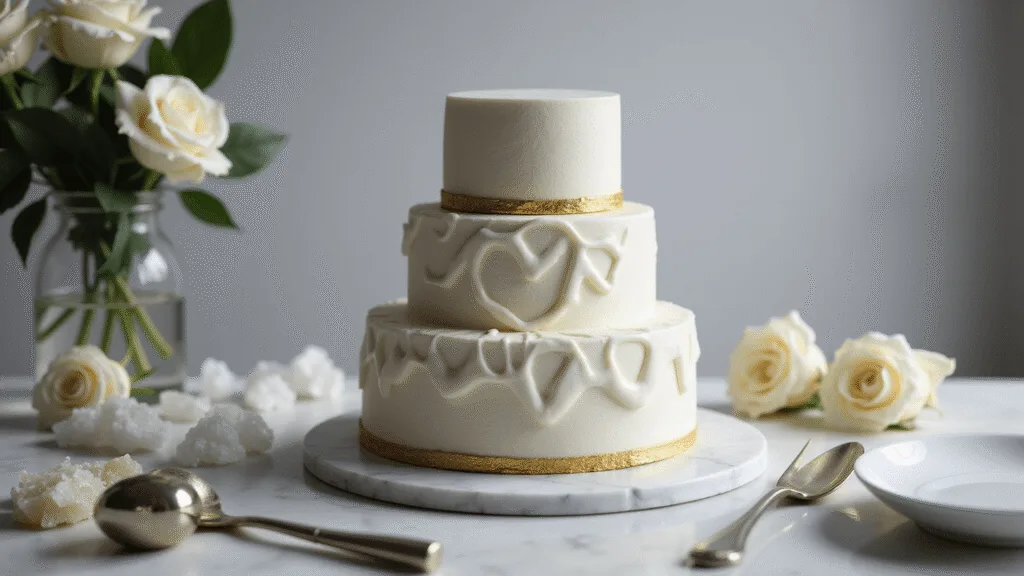 MODERN WEDDING CAKE: THE ULTIMATE SHOWSTOPPER GUIDE Photorealistic overhead view of a three-tiered modern wedding cake featuring stark white fondant with geometric patterns and gold leaf accents, displayed on a marble surface with soft lighting and surrounded by decorative elements.