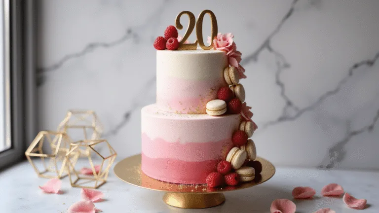 🎂 20th Birthday Milestone Cake: A Trendsetting Celebration Centerpiece A luxurious two-tiered birthday cake with an ombré pink and white design, gold accents, and decorative elements, displayed on a matte gold cake stand against a marble counter.