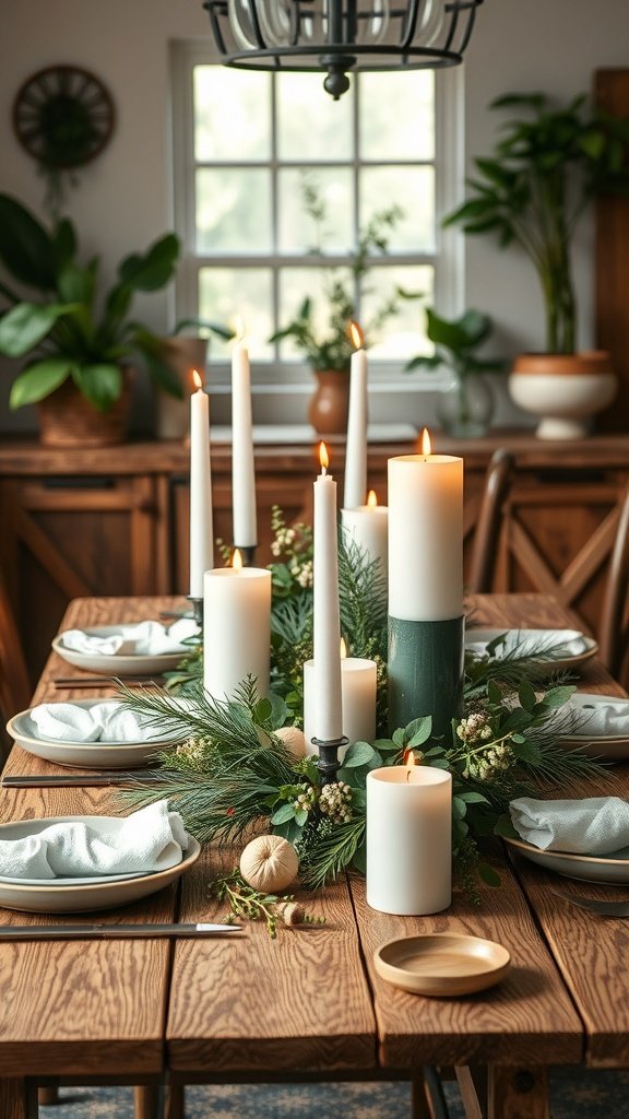 35 Beautiful Farmhouse Kitchen Table Setting Ideas A farmhouse kitchen table setting featuring natural centerpieces with candles, greenery, and rustic decor.