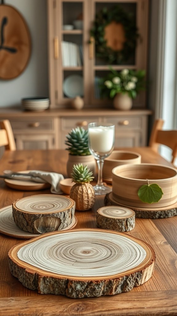 35 Beautiful Farmhouse Kitchen Table Setting Ideas A rustic farmhouse kitchen table setting featuring natural wood elements like wooden slices and small plants.