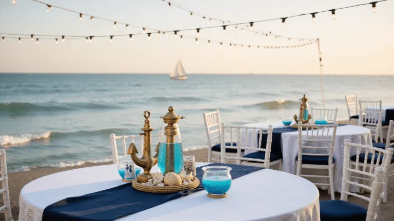 Summer Baby Shower Ideas for Boys: Cute Themes That'll Make Memories Shine! Hyperrealistic photograph of a luxurious oceanfront baby shower setup with a nautical theme, featuring white tables with navy accents, vintage anchors, and seashell decorations, all illuminated by soft string lights at golden hour.