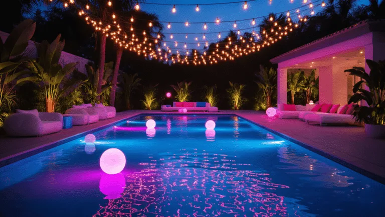 Neon Pool Party: The Ultimate Guide to Creating a Glowing Nighttime Celebration Cinematic photograph of a luxurious twilight pool party featuring an infinity pool with color-changing LED lights, illuminated lounge areas, and glowing decorations, all under a starry string light canopy.
