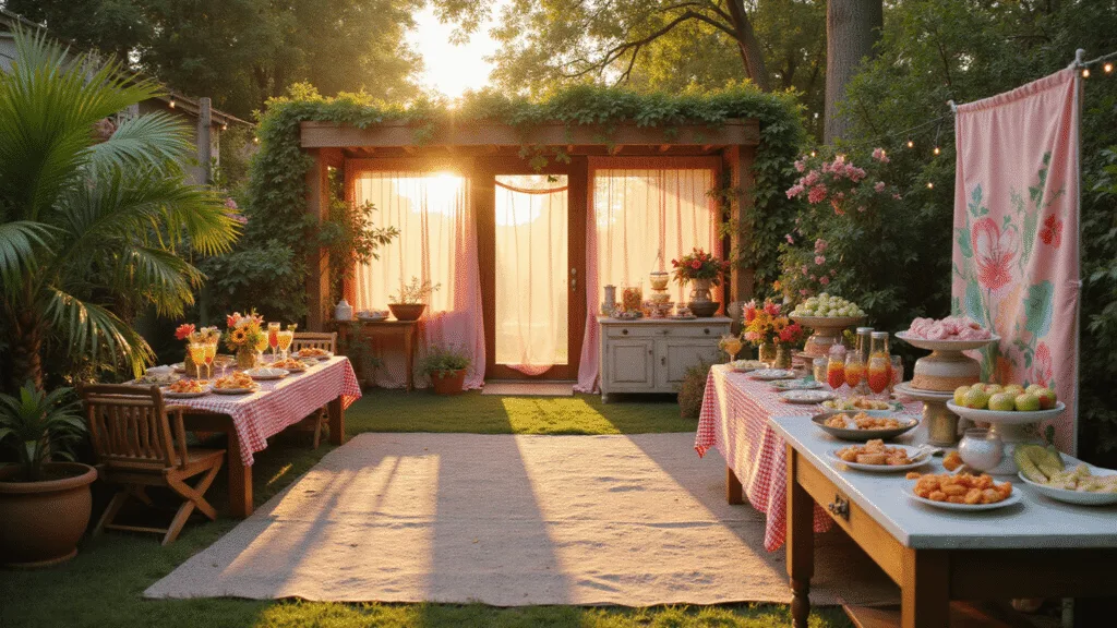 Summer Baby Shower Ideas: Sizzling Celebrations for Mom-to-Be A sun-drenched backyard features multiple baby shower themed vignettes: a Tropical Paradise corner with palm leaves and mocktails, a Rustic Baby-Q with wooden tables and lemonade stand, a Watermelon area with balloon decorations and treats, and an Ice cream social station, all captured in photorealistic 8K ultra HD with warm golden hour lighting and atmospheric bokeh.