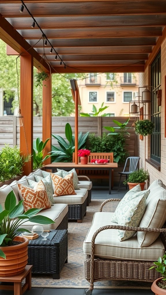 35 Stunning Garden Party Decorations to Inspire Your Celebration Cozy outdoor lounge area with comfortable seating, vibrant cushions, and lush greenery.