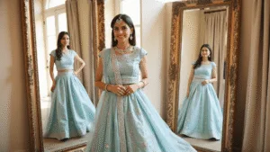 Fresh Indian Engagement Dress Ideas Luxurious powder blue silk lehenga with silver threadwork and mirror embellishments, featuring a cap-sleeve blouse and sheer dupatta, photographed in natural light with vintage mirrors reflecting elegance and warm golden tones.