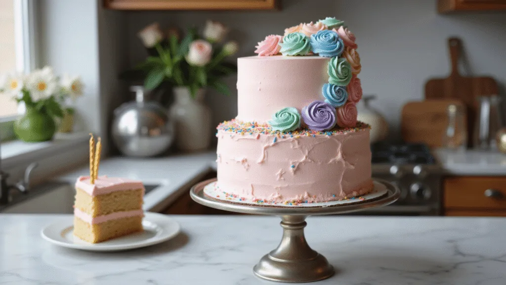 HAPPY BIRTHDAY CAKE: CLASSIC CELEBRATION CENTERPIECE A photorealistic two-tiered birthday cake with pastel buttercream decorations on a silver cake stand, featuring pink frosting, rosettes in blue, lavender, and mint, and cascading rainbow sprinkles, all set against a blurred background of flowers and cake-making tools.
