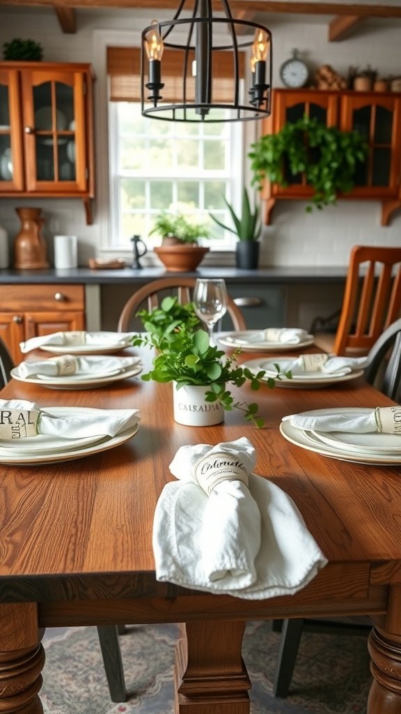 35 Beautiful Farmhouse Kitchen Table Setting Ideas A farmhouse kitchen table set with personalized napkin holders, white napkins, and a potted plant centerpiece.