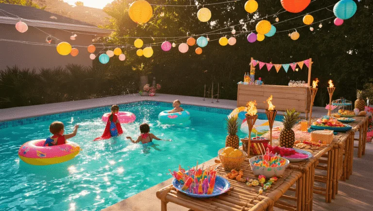 The Ultimate Guide to Creating an Unforgettable Kids Pool Party Cinematic wide-angle shot of a vibrant backyard pool party at golden hour, featuring children splashing in turquoise water, colorful inflatable floats, and a tropical-themed snack station, illuminated by fairy lights and tiki torches.