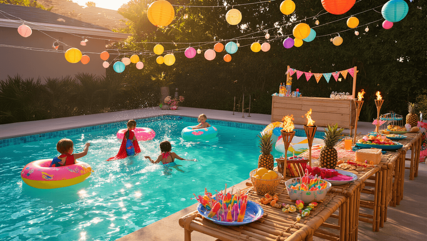 Cinematic wide-angle shot of a vibrant backyard pool party at golden hour, featuring children splashing in turquoise water, colorful inflatable floats, and a tropical-themed snack station, illuminated by fairy lights and tiki torches.