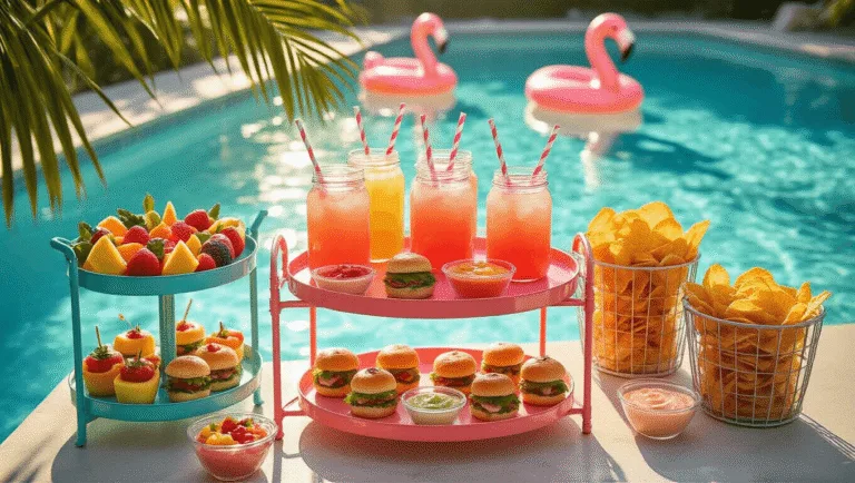 Pool Party Snacks: The Ultimate Guide to Delicious & Photogenic Summer Bites A luxurious poolside snack station at golden hour, featuring a turquoise and coral metal bar cart displaying vibrant fruit skewers, mini sliders, colorful dips, mason jars of pink lemonade with mint, and vintage wire baskets of chips, surrounded by inflatable flamingos in a crystal-clear pool and palm fronds, all illuminated by warm natural light.