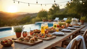 Top Pool Party Food Ideas: Your Ultimate Guide to Crowd-Pleasing Eats Luxurious poolside party setup at golden hour featuring a long farmhouse table with artisanal sliders, grilled skewers, fruit platters, and vintage tableware, surrounded by string lights and tropical landscaping, with a blue pool in the background.
