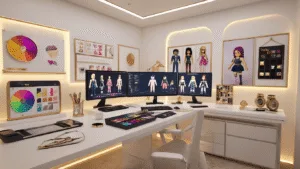 Dress to Impress: Your Ultimate Guide to Creating Stunning VIP Outfits in Roblox A modern content creator workspace featuring a sleek gaming setup with multiple monitors showcasing Roblox avatars and fashion designs, illuminated by warm golden hour light. The minimalist decor includes holographic color wheels, fashion mood boards, and designer accessories, all captured from a cinematic 45-degree angle.
