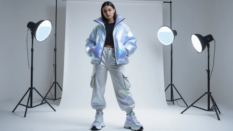 SLAY THE RUNWAY: YOUR ULTIMATE GUIDE TO DRESS TO IMPRESS ON ROBLOX A young fashion influencer stands confidently in a minimalist studio, wearing a holographic oversized jacket, high-waisted cargo pants, and futuristic platform sneakers, with soft lighting highlighting the outfit's iridescent textures.