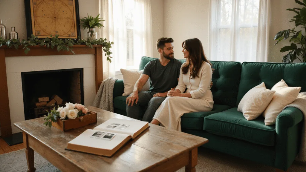 One Year Anniversary Gift Ideas for Him: Making Your First Milestone Unforgettable A sun-drenched living room in golden hour features a couple on a plush emerald green sofa, surrounded by anniversary gifts. Soft natural light filters through sheer curtains, illuminating a rustic wooden box of love notes and a leather-bound photo album with vintage Polaroids on a weathered coffee table. Delicate paper flowers and eucalyptus adorn the fireplace mantle, with string lights creating a warm, intimate glow. Cozy throw pillows and a chunky knit blanket add comfort to the scene.