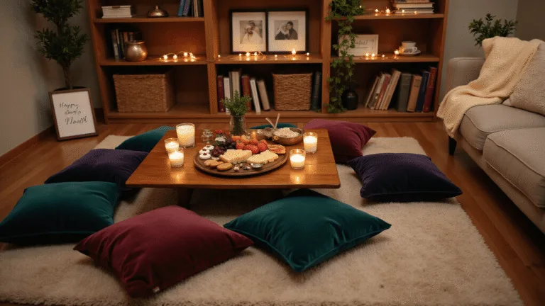 1 Month Anniversary Ideas: Making Your First Milestone Unforgettable A cozy indoor living room set up for a romantic anniversary celebration, featuring a plush rug, jewel-toned pillows, a charcuterie board, fairy lights, and personal touches like a handwritten card, all bathed in golden hour light.