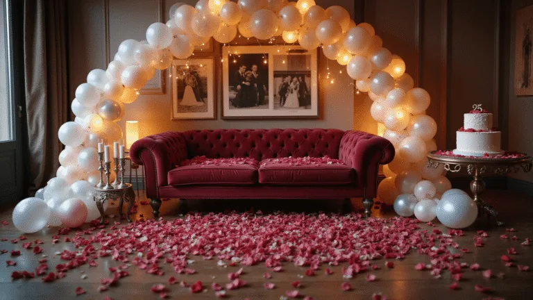 Romantic Anniversary Decoration Ideas That Will Make Your Heart Melt Photorealistic interior shot of a luxurious romantic living room featuring a plush burgundy loveseat adorned with rose petals, an elegant balloon arch, warm fairy lights, and a vintage-style gallery wall, with champagne flutes and a decorative cake on a mirrored side table.