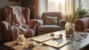 One-Year Anniversary Gifts for Him: Memorable & Meaningful Ideas A sunlit vintage living room setup for a first anniversary, featuring a reel viewer, Polaroid photos, origami flowers, a handwritten love letter, and a framed star map, all accentuated by blush pink and copper decor, with string lights and natural light creating a romantic ambiance.