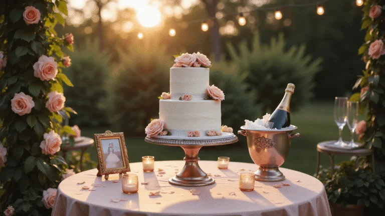 1st Anniversary Cake: A Sweet Celebration of Love's First Chapter A romantic garden terrace at golden hour featuring a two-tier white fondant anniversary cake adorned with blush sugar flowers and metallic accents, set on a silk-draped table surrounded by rose petals and flickering candles, with string lights overhead and a vintage champagne bucket nearby.