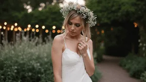 Picking Your Perfect Engagement Dress: A Real Bride's Guide Bride in an ivory silk slip dress with lace trim stands in a twilight garden terrace adorned with warm string lights and a flower crown, creating a magical, romantic atmosphere.