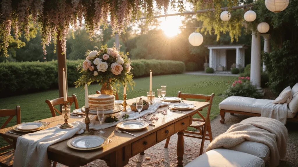 Heartfelt Anniversary Wishes: Celebrating Love's Incredible Journey A luxurious garden anniversary celebration at golden hour, featuring a vintage wooden table with floral arrangements, a rustic naked cake, and romantic seating adorned with soft textiles and fairy lights.