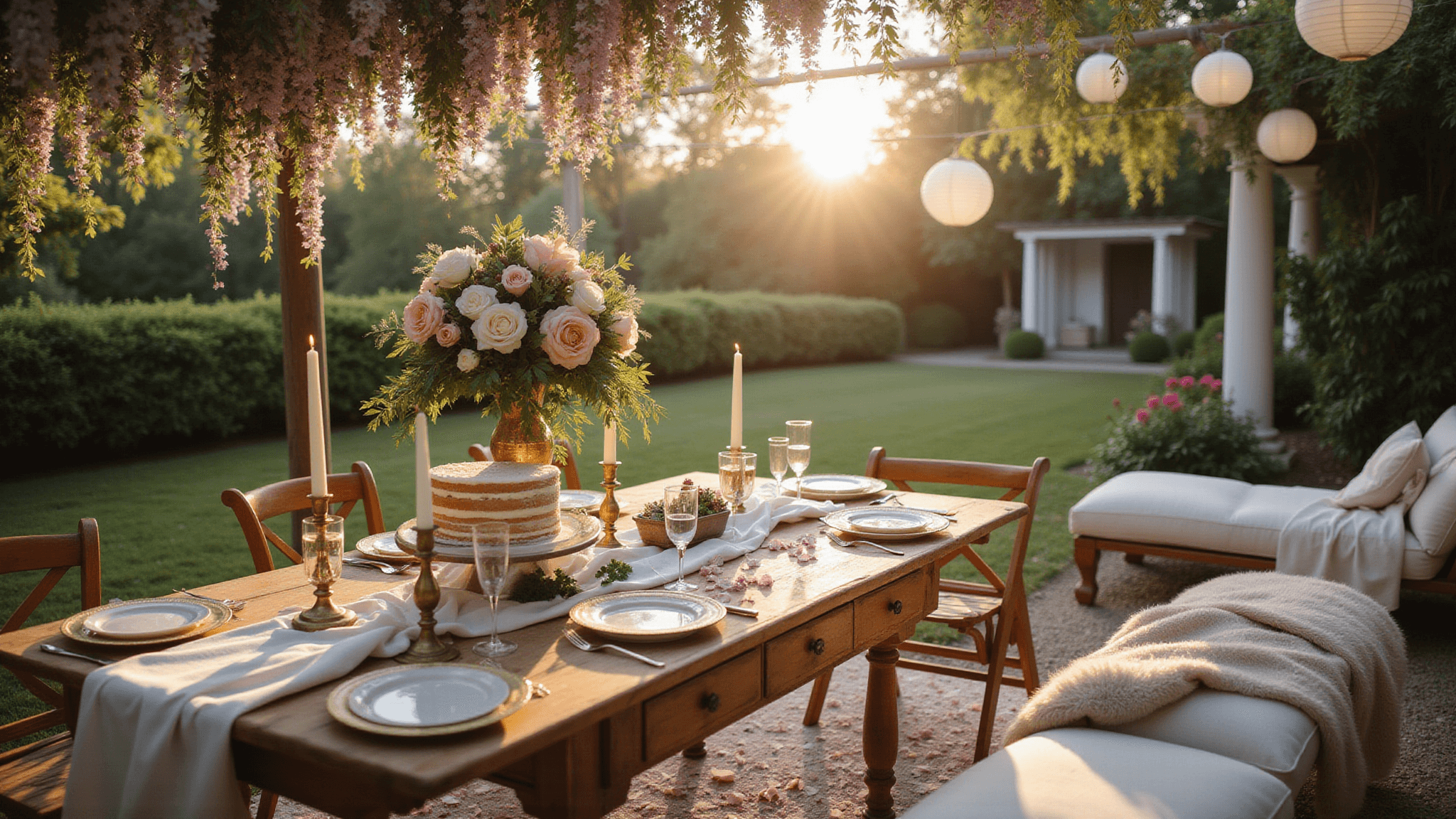 A luxurious garden anniversary celebration at golden hour, featuring a vintage wooden table with floral arrangements, a rustic naked cake, and romantic seating adorned with soft textiles and fairy lights.