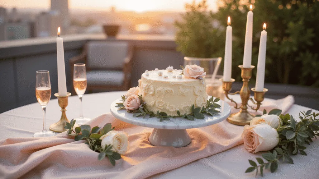 Bento Cake Anniversary: Your Ultimate Guide to Capturing Love in Miniature Cinematic photo of a romantic rooftop terrace at sunset featuring a petite bento cake on a marble stand, surrounded by fresh roses, eucalyptus, vintage candlesticks, and sparkling rosé champagne, with a soft-focused urban skyline in the background.