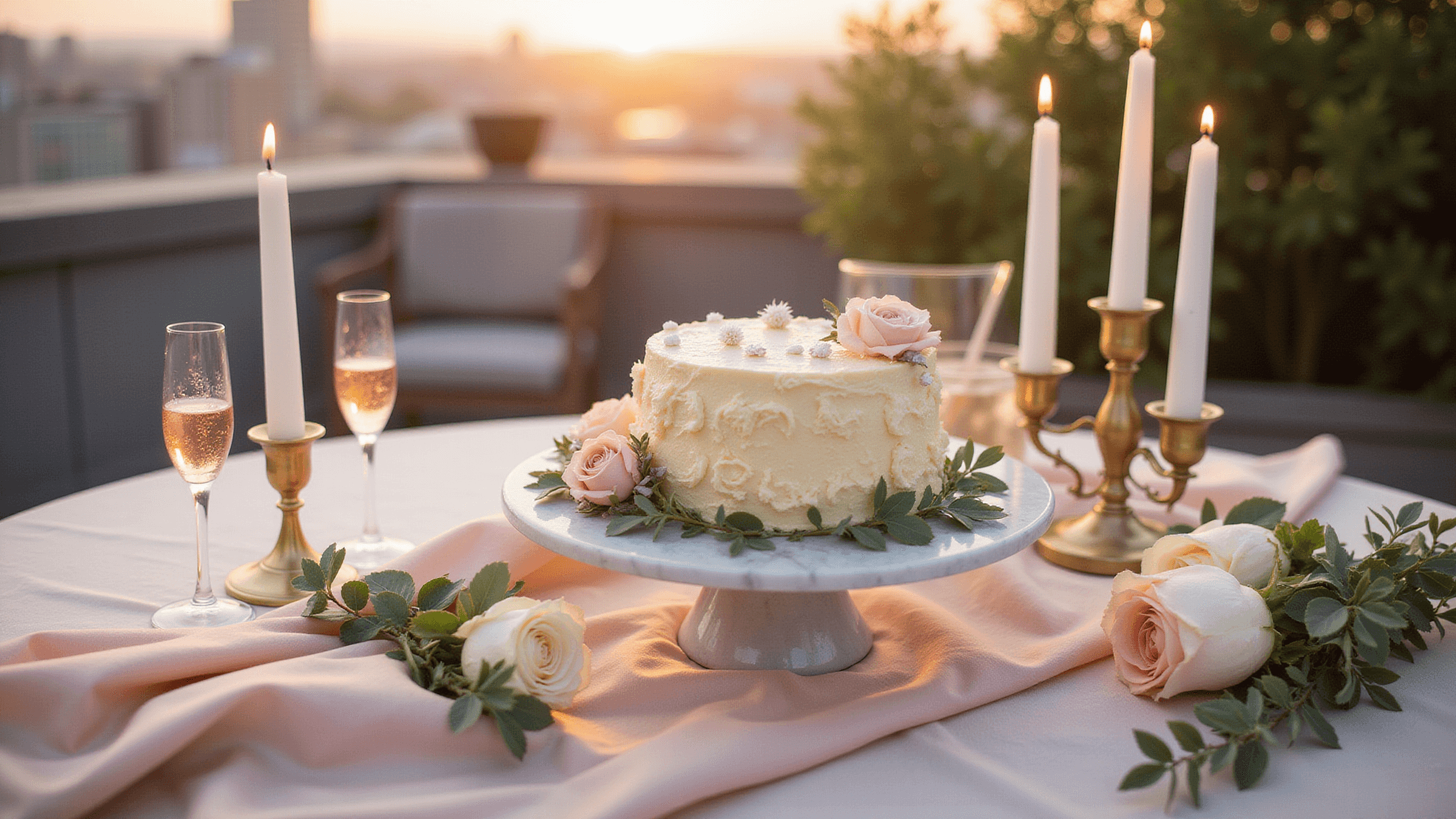 Cinematic photo of a romantic rooftop terrace at sunset featuring a petite bento cake on a marble stand, surrounded by fresh roses, eucalyptus, vintage candlesticks, and sparkling rosé champagne, with a soft-focused urban skyline in the background.