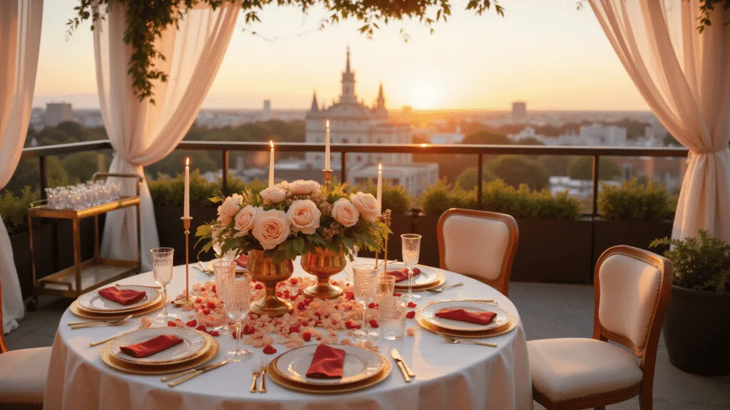 Anniversary Wishes for Your Husband: Love Notes That Melt Hearts A luxurious rooftop terrace at golden hour, adorned for an intimate anniversary celebration with an ivory silk tablecloth, fine china, crystal stemware, and a lush floral centerpiece of pink peonies and garden roses, surrounded by billowing sheer drapery and twinkling fairy lights, with a city skyline in the background.