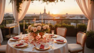 Anniversary Wishes for Your Husband: Love Notes That Melt Hearts A luxurious rooftop terrace at golden hour, adorned for an intimate anniversary celebration with an ivory silk tablecloth, fine china, crystal stemware, and a lush floral centerpiece of pink peonies and garden roses, surrounded by billowing sheer drapery and twinkling fairy lights, with a city skyline in the background.