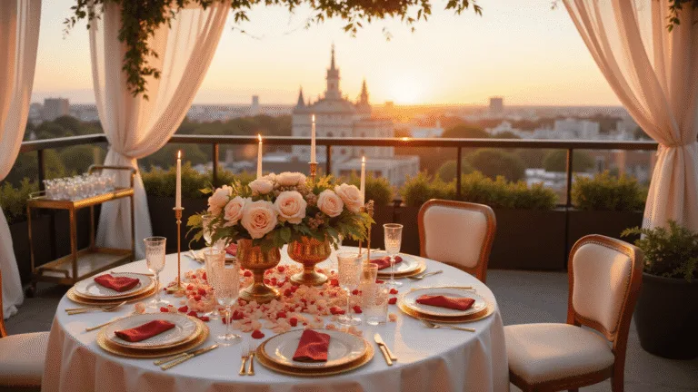 Anniversary Wishes for Your Husband: Love Notes That Melt Hearts A luxurious rooftop terrace at golden hour, adorned for an intimate anniversary celebration with an ivory silk tablecloth, fine china, crystal stemware, and a lush floral centerpiece of pink peonies and garden roses, surrounded by billowing sheer drapery and twinkling fairy lights, with a city skyline in the background.
