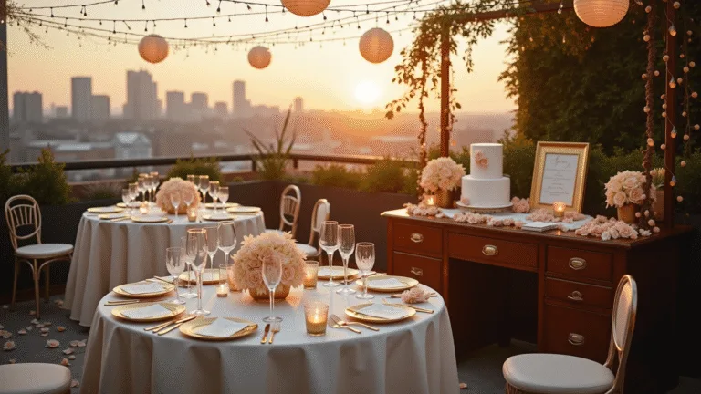 Celebrating Your First Year of Marriage: A Heartfelt Guide to the Paper Anniversary A luxurious rooftop terrace beautifully styled for a romantic first wedding anniversary celebration, featuring round tables with ivory silk linens, gold charger plates, handcrafted paper flower centerpieces, delicate string lights, a vintage writing desk with wedding vows, a dessert cart with a white and gold cake, crystal champagne flutes, scattered rose petals, and flickering candles, all against an urban skyline at sunset.